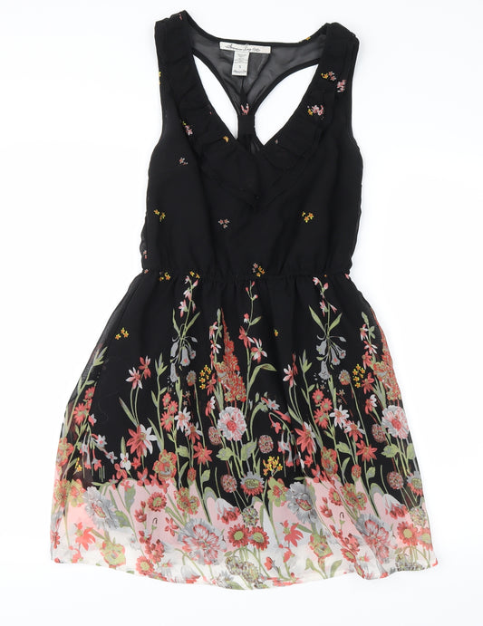 Front view of American Rag Cie women’s black floral tank dress, size S
