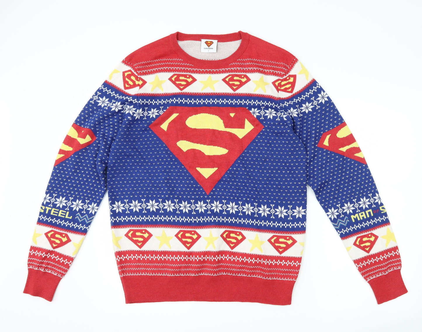 F&F Mens Blue Geometric  Pullover Jumper Size L  - Superman