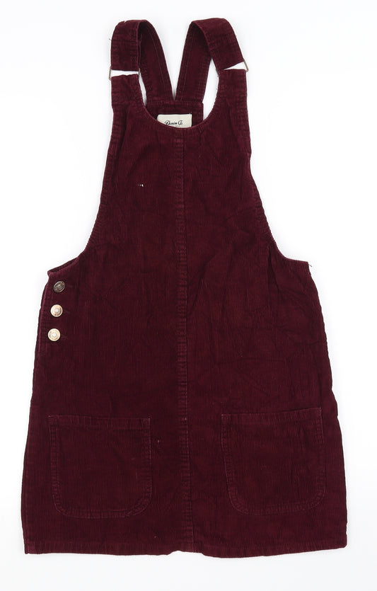 Front view of denim Co women’s red pinafore/dungaree dress, size UK 6