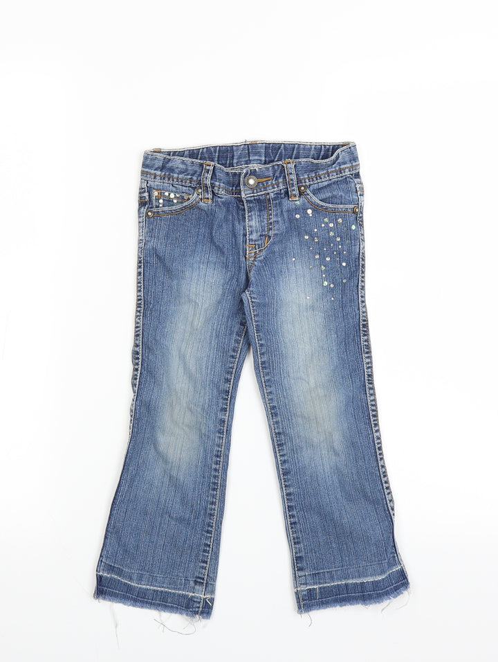Pumpkin Patch Girls Blue Straight Jeans Size 4 Years - distressed hem sequins