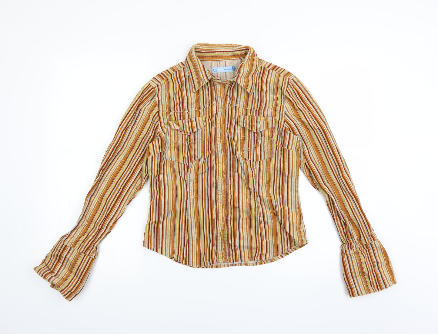 Chilli Pepper Womens Brown Striped Corduroy Basic Button-Up Size S