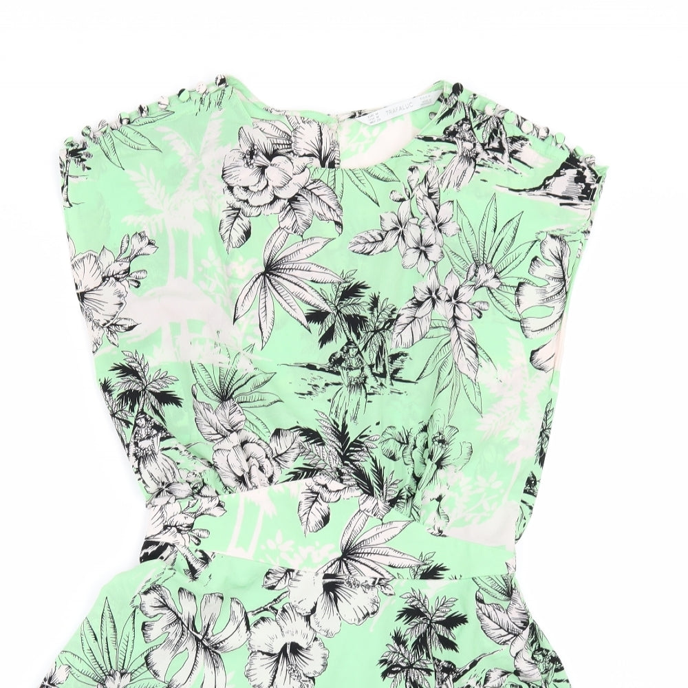 Zara Womens Green Floral  Skater Dress  Size M