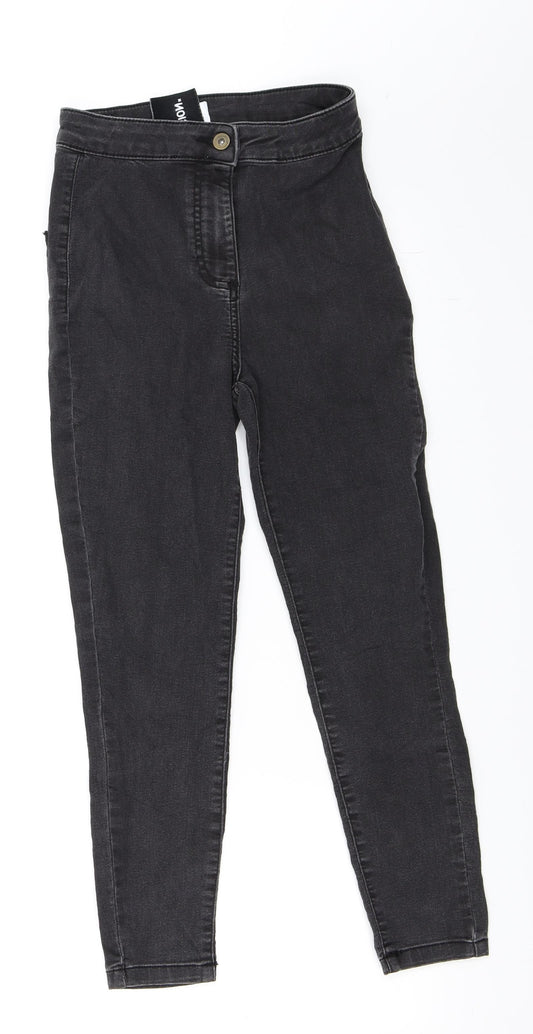 Front view of Collusion women’s black denim skinny jeans, size UK 25, in, 26-inch leg