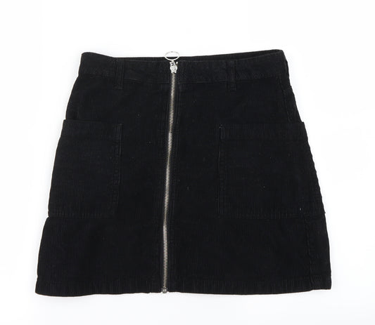 Front view of Topshop women’s black a-line skirt, size UK 8