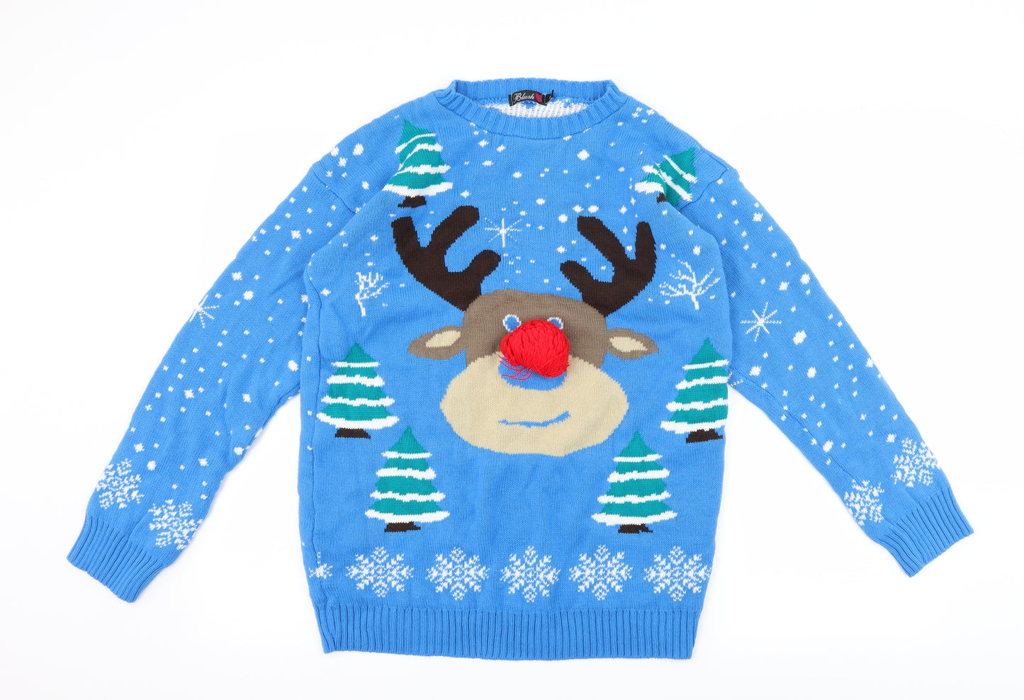 Blush Womens Blue Geometric Knit Pullover Jumper Size M  - Rudolph Christmas