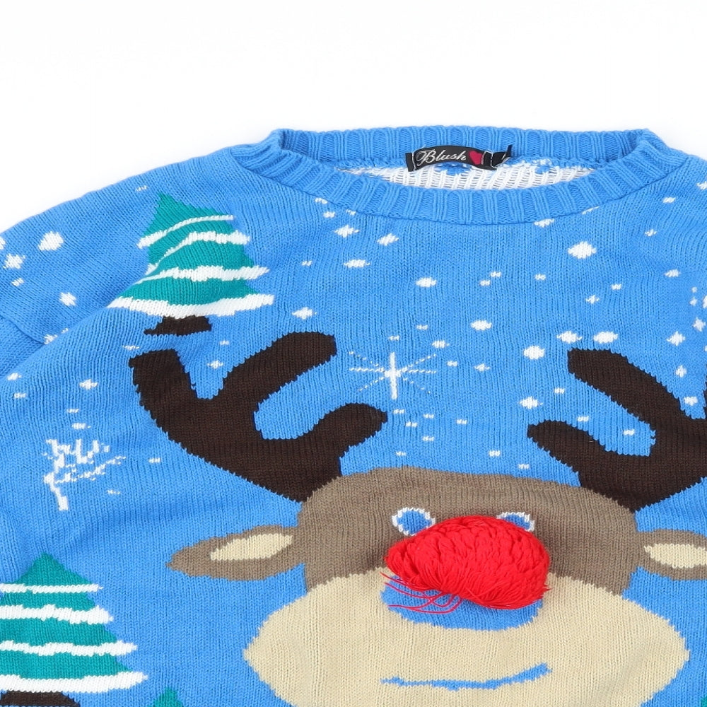 Blush Womens Blue Geometric Knit Pullover Jumper Size M  - Rudolph Christmas