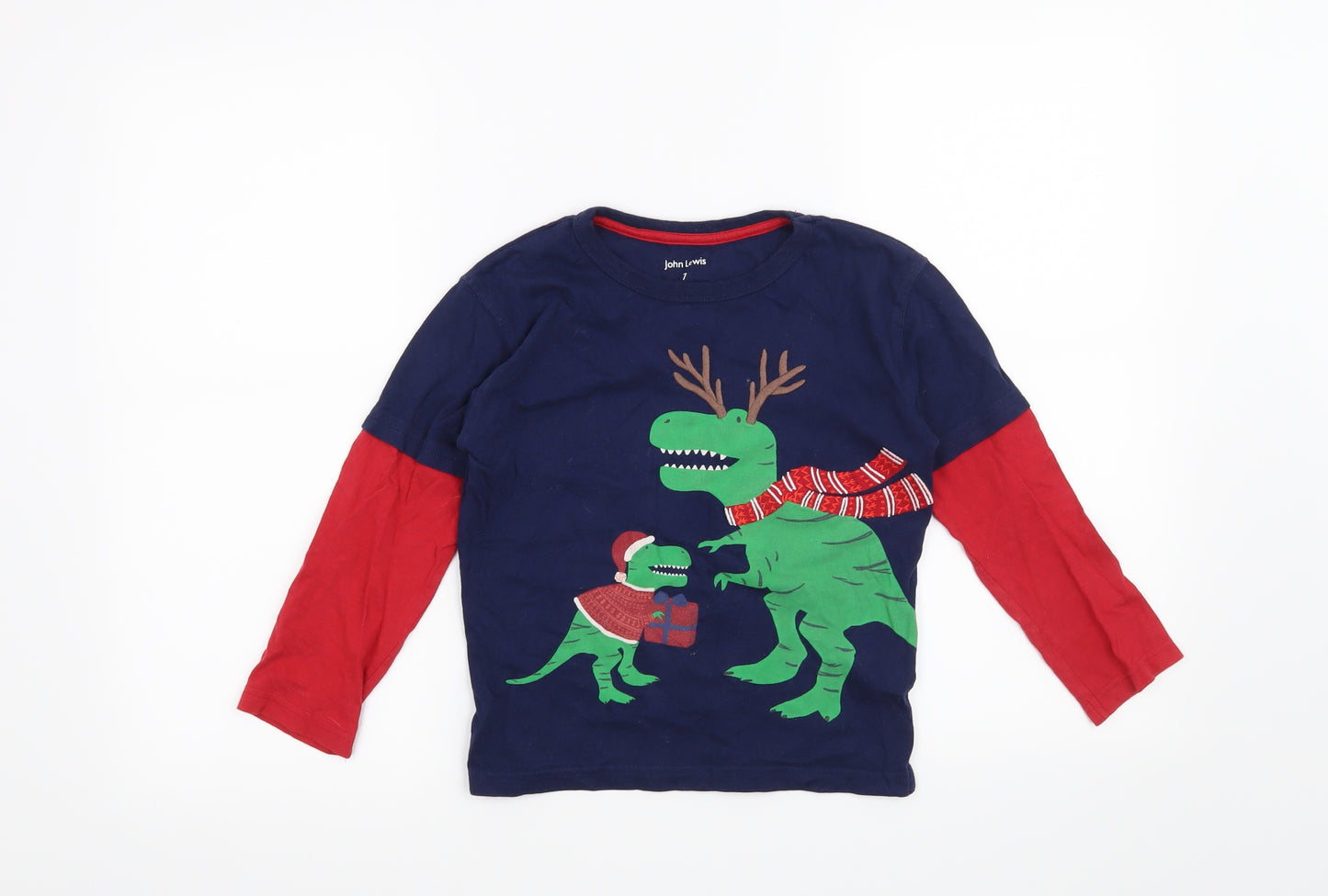 John Lewis Boys Blue   Basic T-Shirt Size 7 Years  - Christmas Dinosaurs