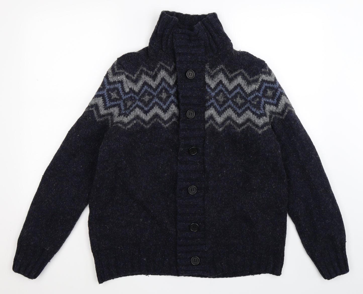 Marks and Spencer Mens Blue Geometric Knit Cardigan Jumper Size L