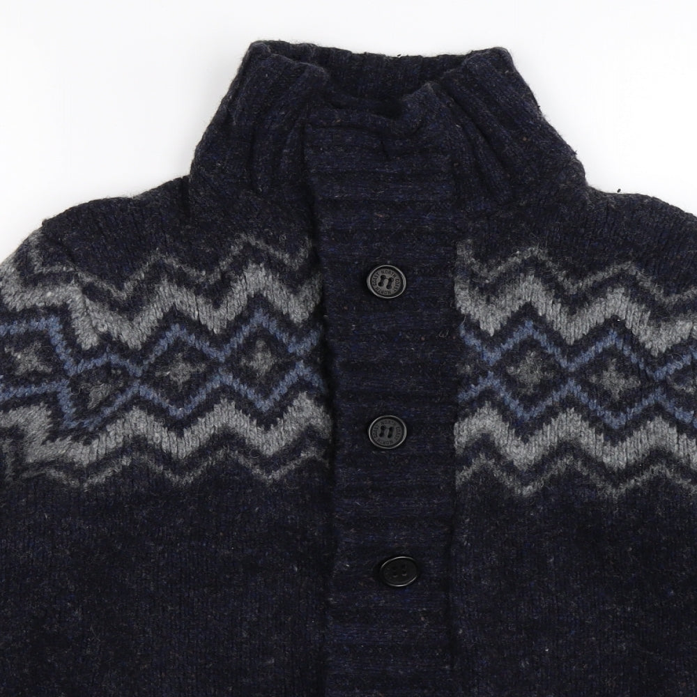 Marks and Spencer Mens Blue Geometric Knit Cardigan Jumper Size L