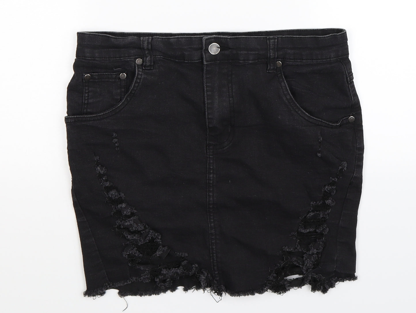 PRETTYLITTLETHING Womens Black  Denim Mini Skirt Size 12  - Distressed
