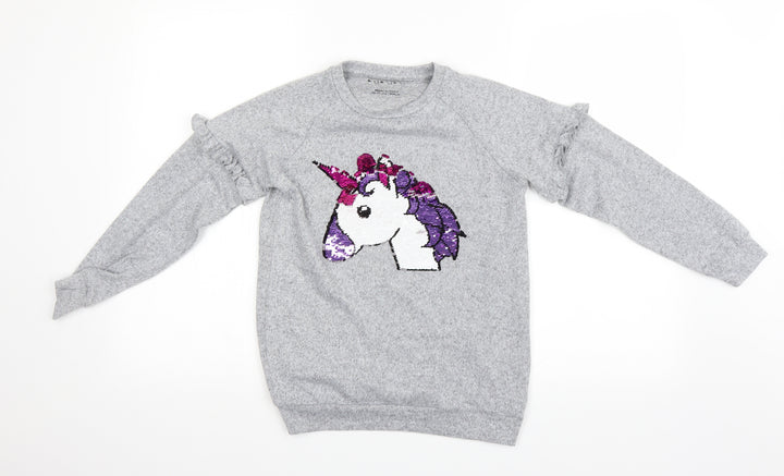 Preworn Girls Grey Houndstooth  Pullover Sweatshirt Size 10 Years  - unicorn