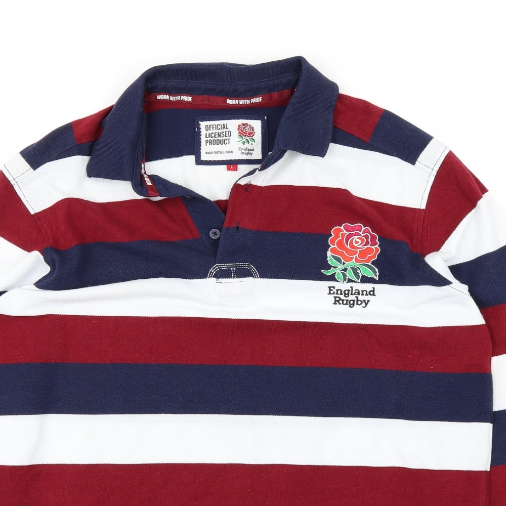 England Rugby Mens White Striped   Polo Size L