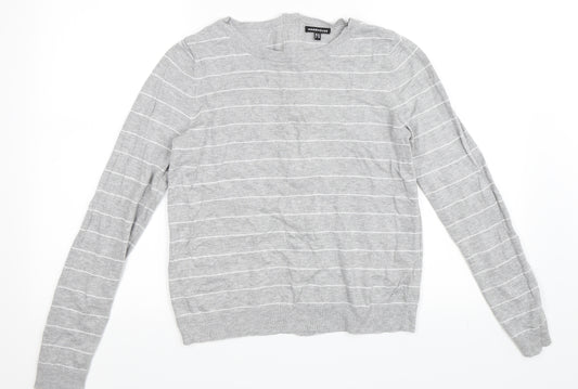 Front view of Warehouse women’s grey striped jumper, size UK 12