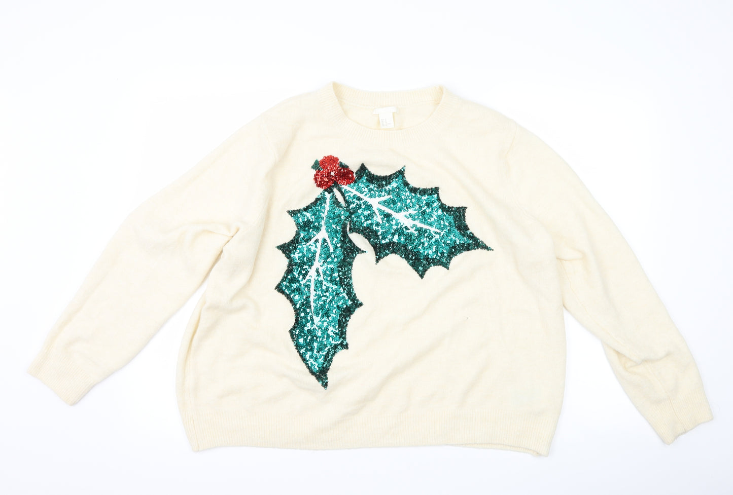 H&M Womens Ivory   Pullover Jumper Size XL  - christmas holly