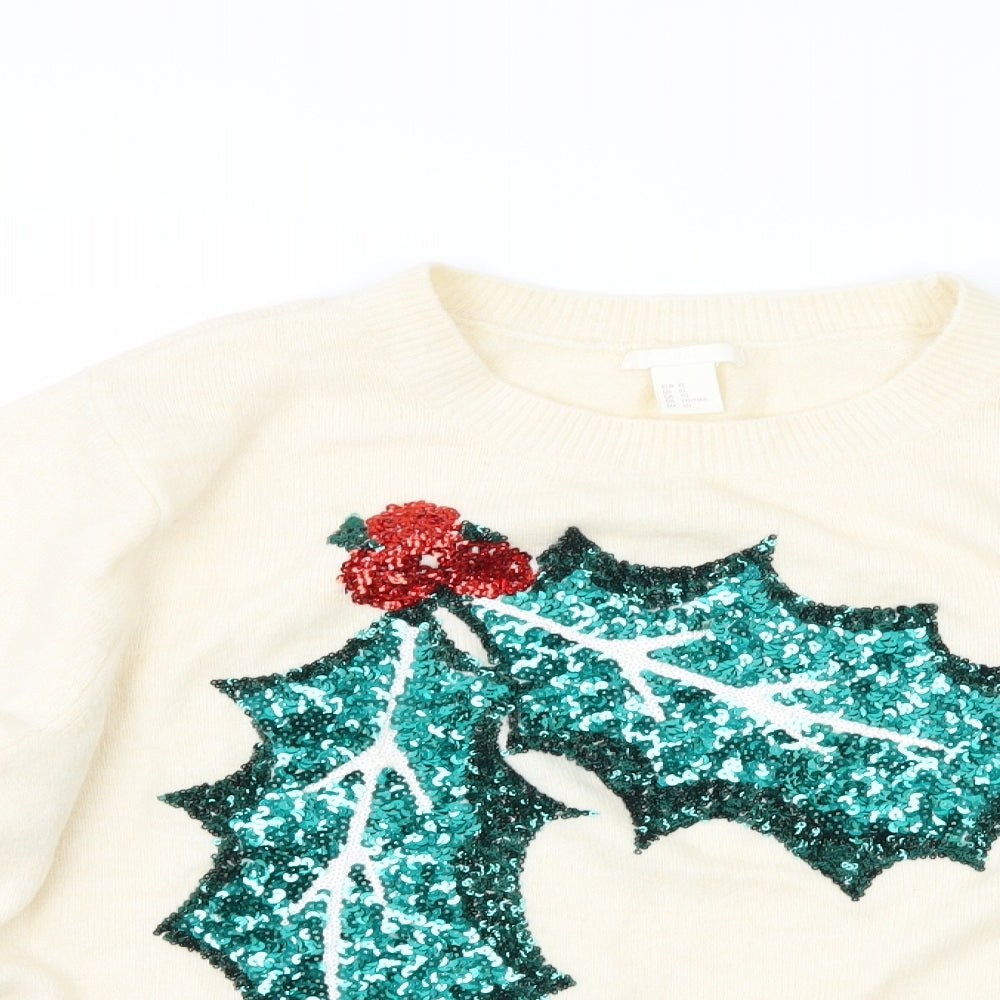 H&M Womens Ivory   Pullover Jumper Size XL  - christmas holly