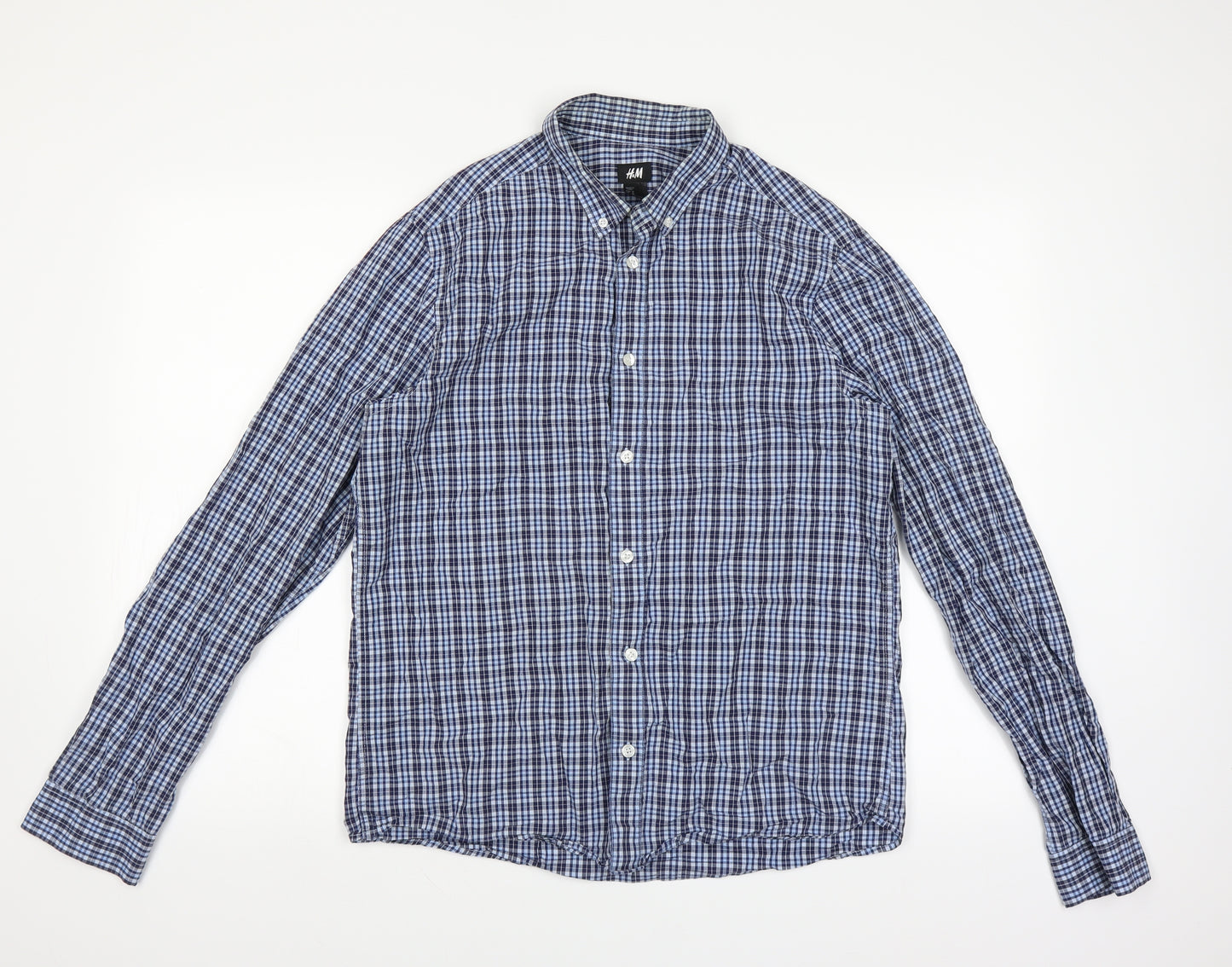 H&M Mens Blue Check   Button-Up Size M