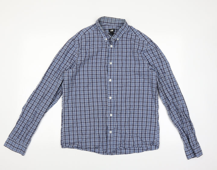 H&M Mens Blue Check   Button-Up Size M