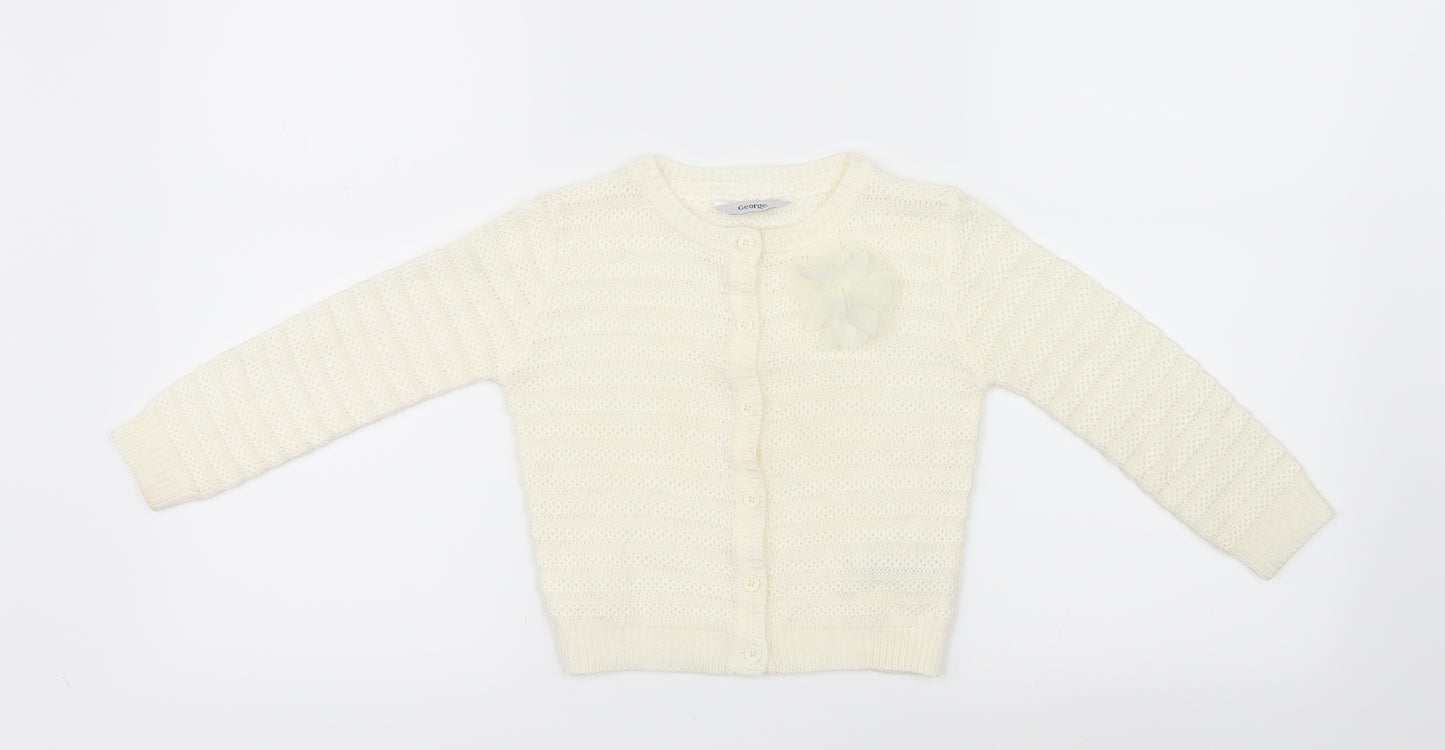 George Girls White  Knit Cardigan Jumper Size 3-4 Years  - Flower detail