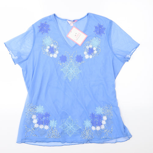Julipa Womens Blue Floral Chiffon Basic Blouse Size 18