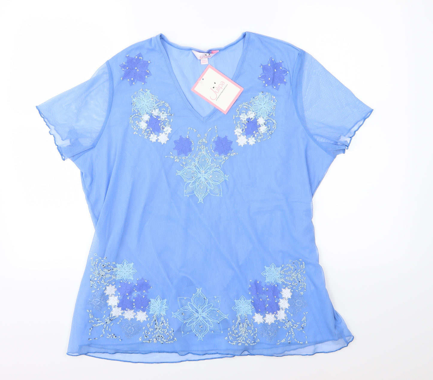 Julipa Womens Blue Floral Chiffon Basic Blouse Size 18