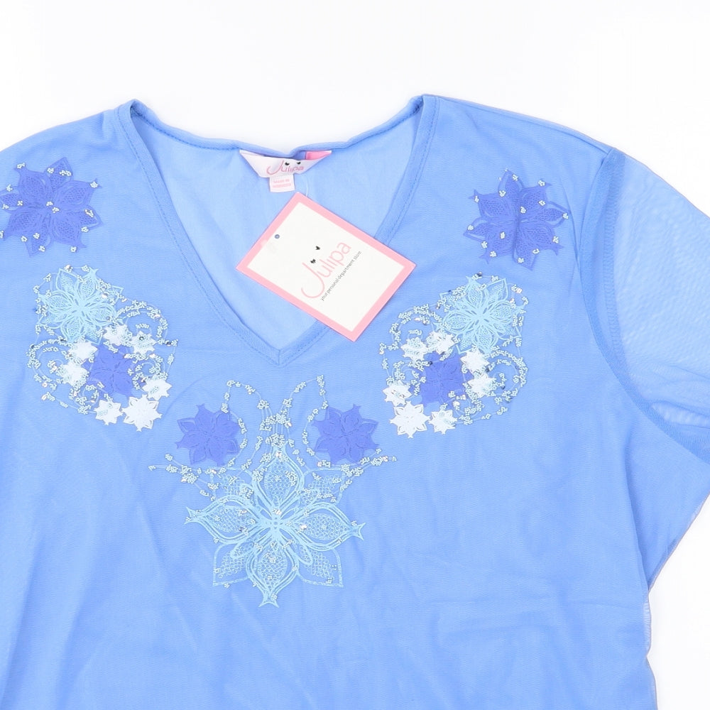 Julipa Womens Blue Floral Chiffon Basic Blouse Size 18