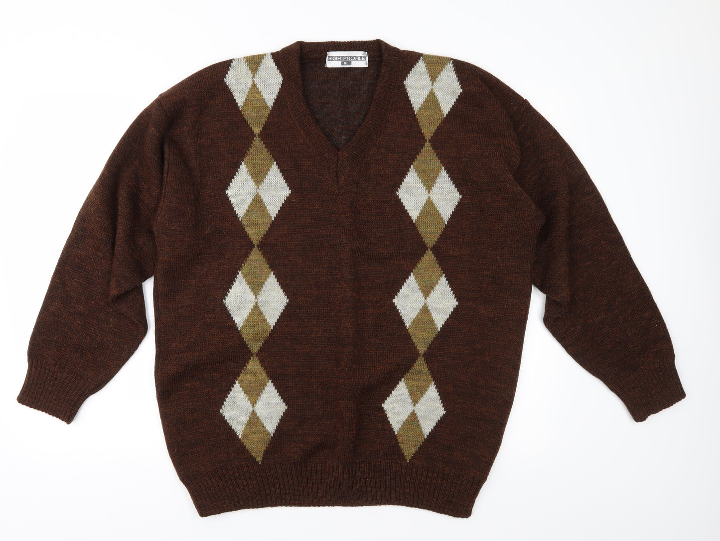 High Profile Mens Brown Argyle/Diamond Knit Pullover Jumper Size XL