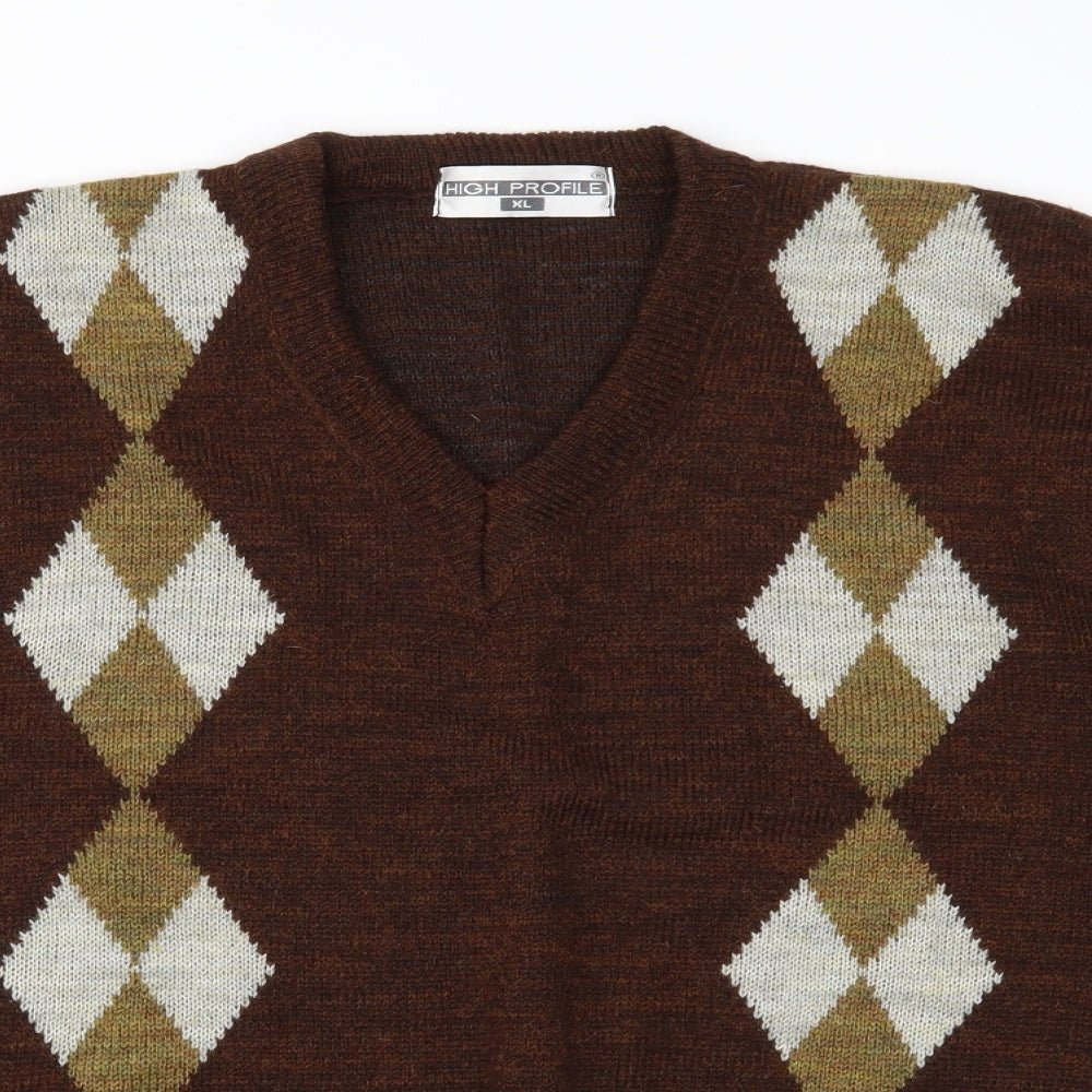 High Profile Mens Brown Argyle/Diamond Knit Pullover Jumper Size XL