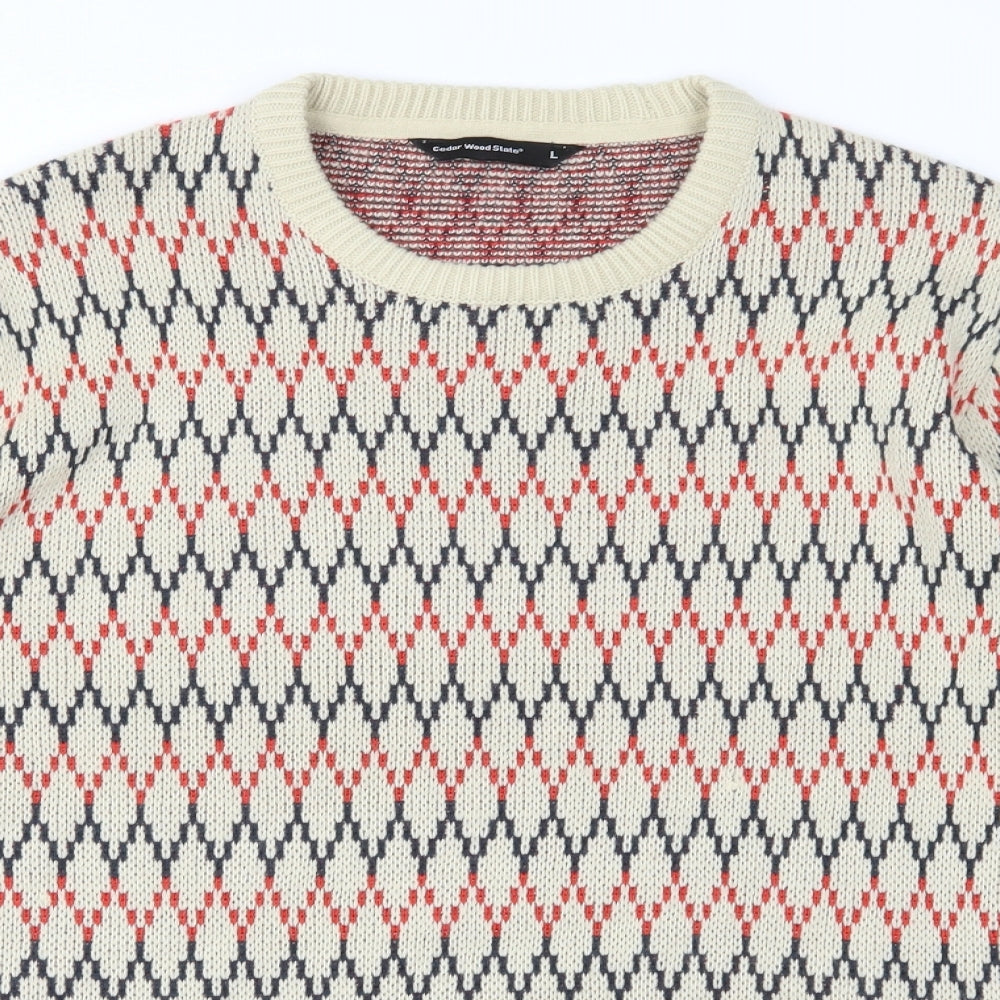 Cedar Wood State Mens Beige Fair Isle Knit Pullover Jumper Size L