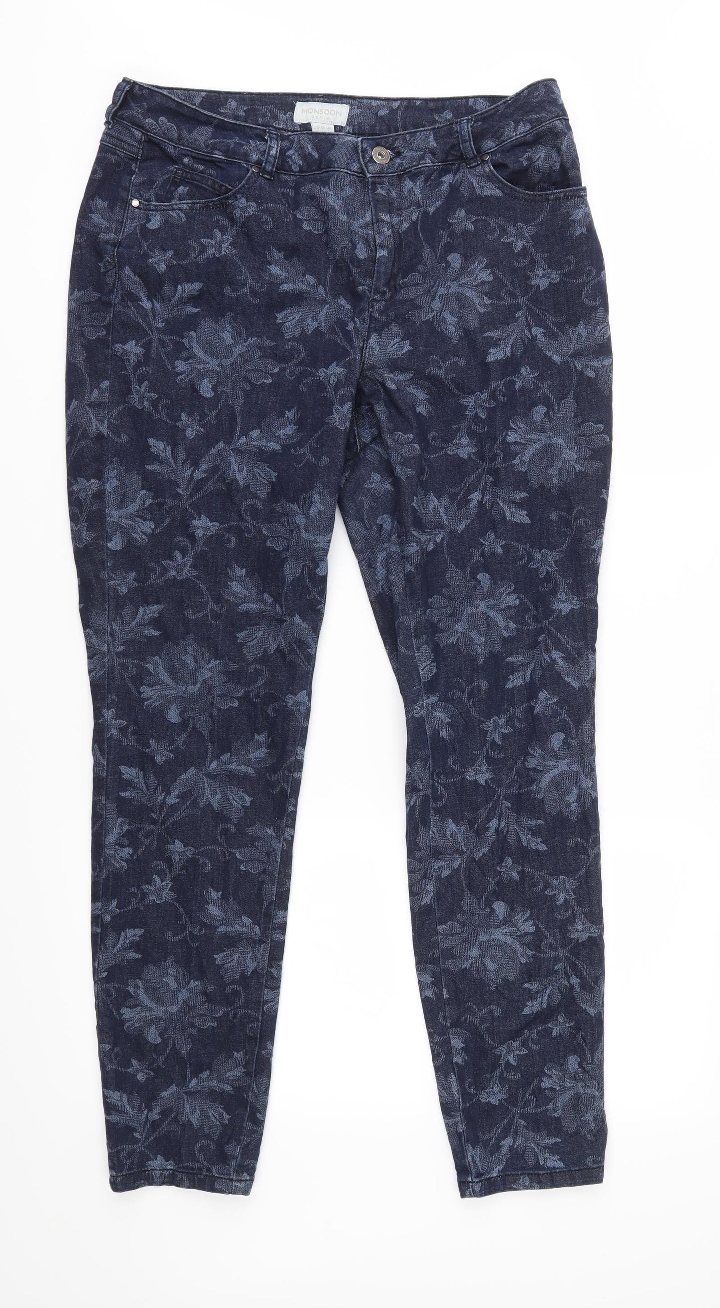 Monsoon Womens Blue Floral Denim Straight Jeans Size 16 L29 in