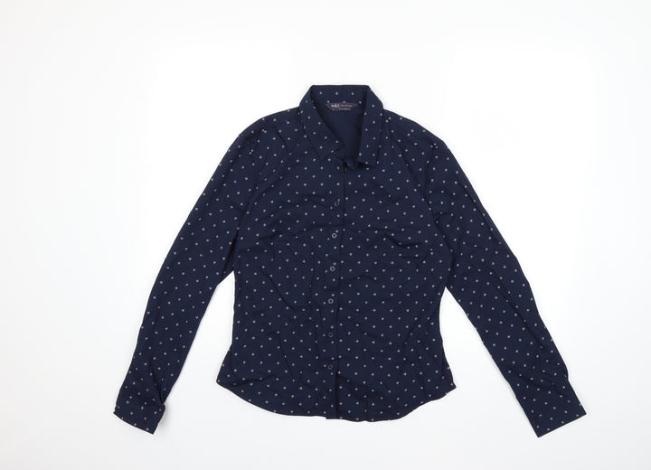 Marks and Spencer Womens Blue Geometric  Basic Button-Up Size 8
