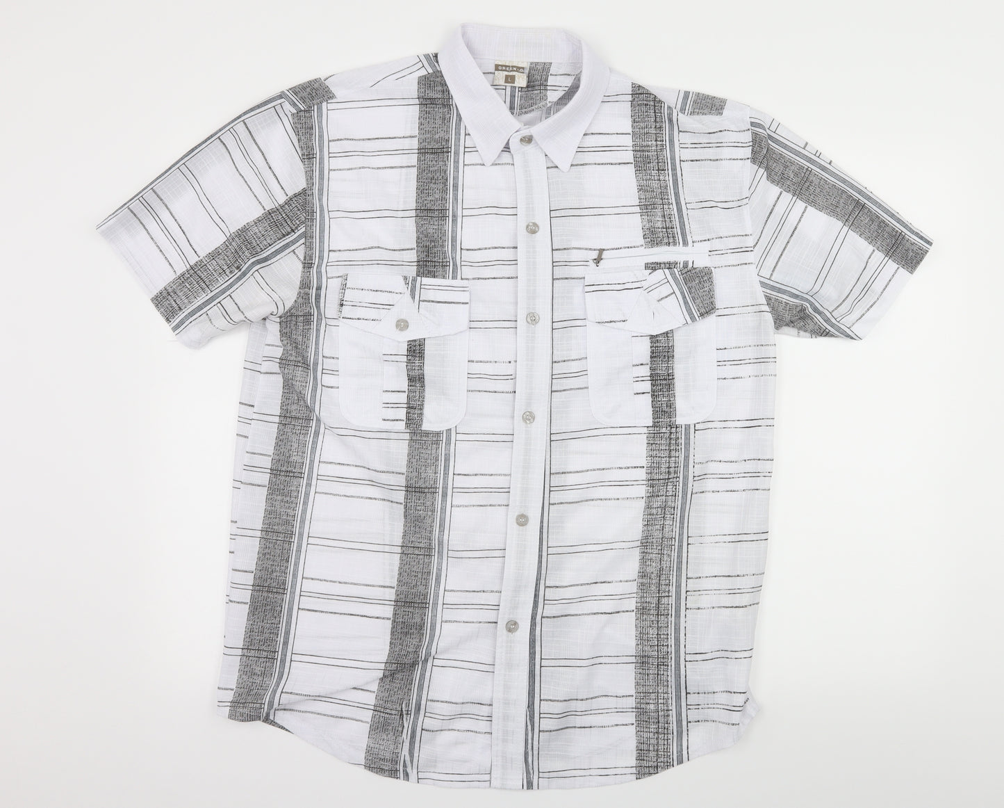 Green-G Mens White Striped   Button-Up Size L