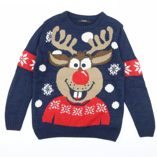 George Boys Blue  Knit Pullover Jumper Size 9-10 Years  - Rudolph Christmas