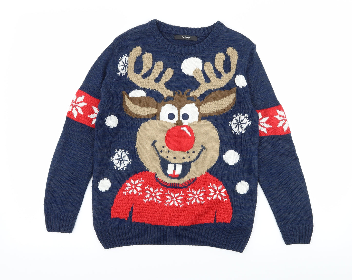 George Boys Blue  Knit Pullover Jumper Size 9-10 Years  - Rudolph Christmas