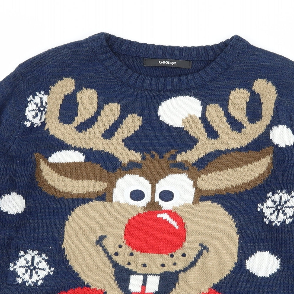George Boys Blue  Knit Pullover Jumper Size 9-10 Years  - Rudolph Christmas