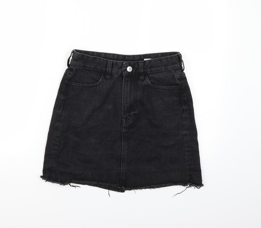 Front view of &DENIM women’s black denim a-line skirt, size UK 8