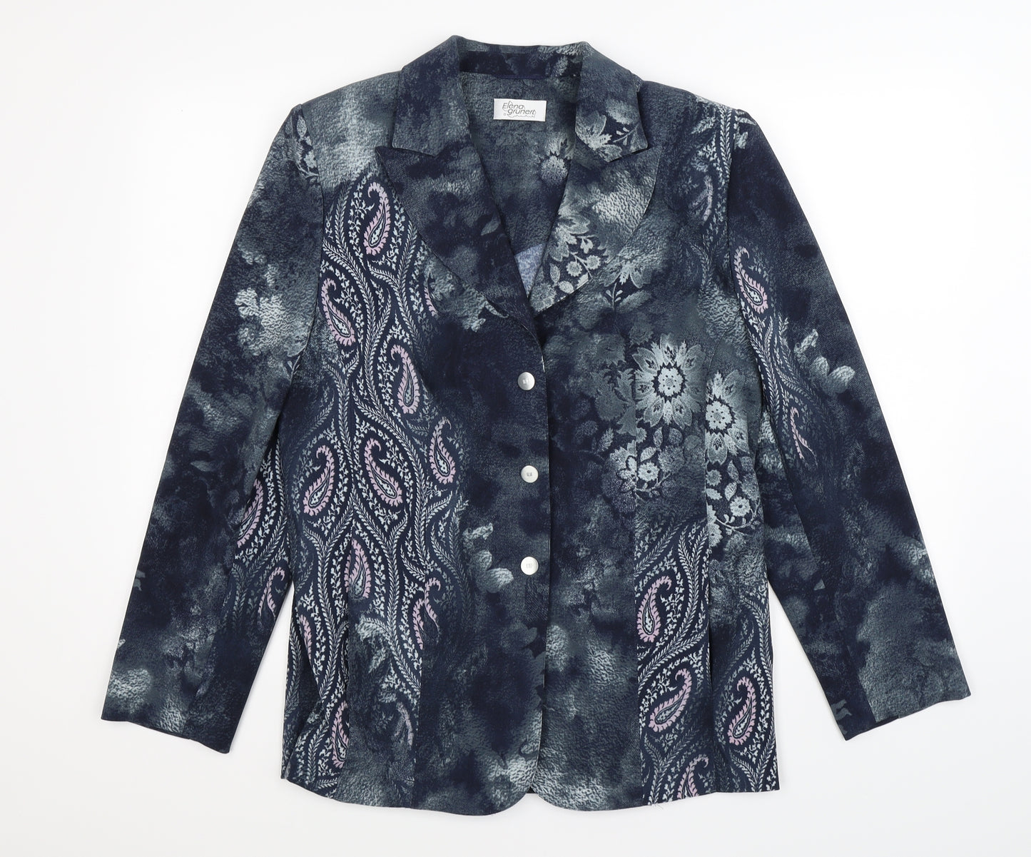 Elena Grunert Womens Blue Paisley  Jacket Blazer Size 14