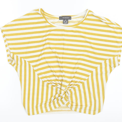 Primark Womens Yellow Striped  Basic T-Shirt Size 6  - Twist detail