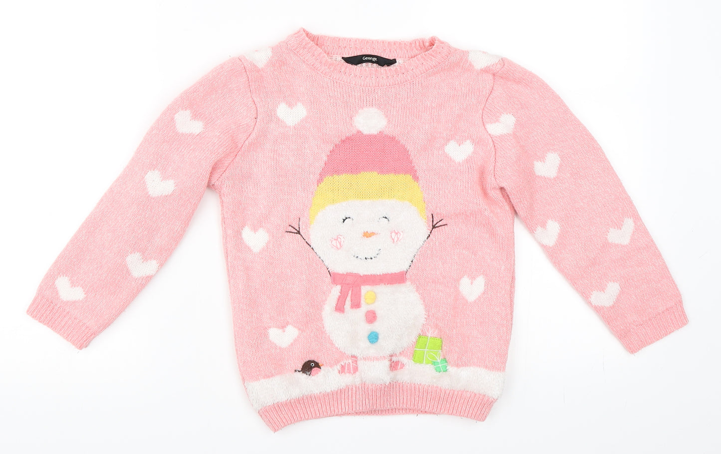 George Girls Pink   Pullover Jumper Size 5-6 Years  - Christmas Snowman Jumper