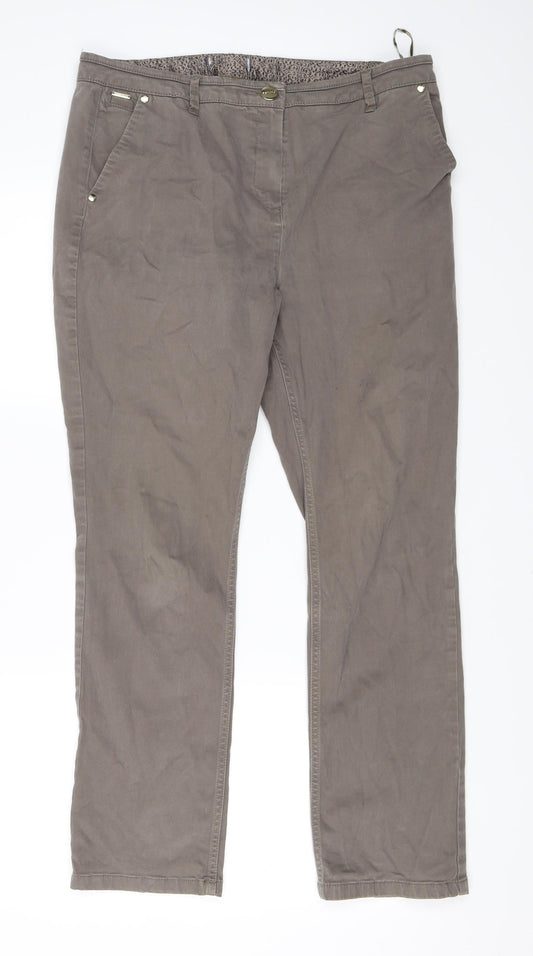 Front view of NEXT women’s green trousers, size UK 16, 27-inch leg