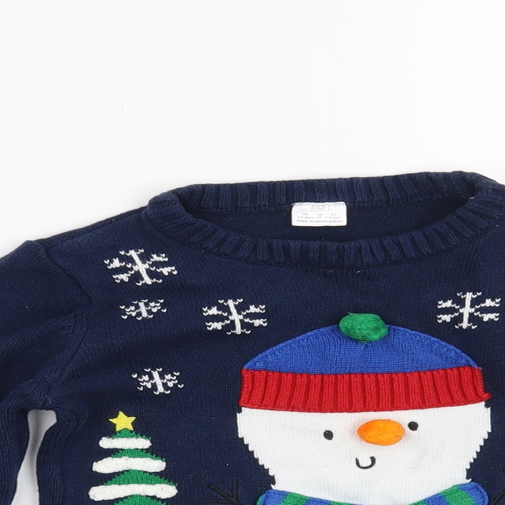 F&F Boys Blue   Pullover Jumper Size 3-4 Years  - Christmas Snowman