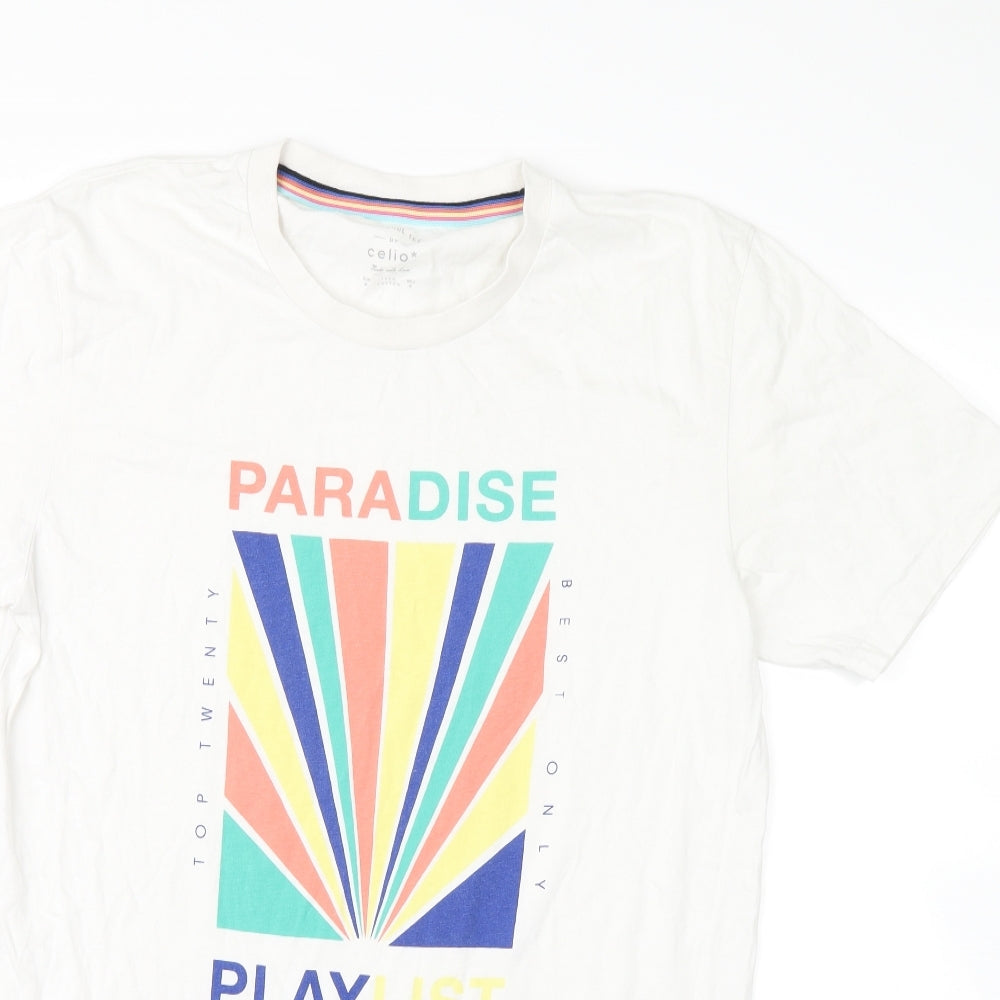celios Mens White    T-Shirt Size M  - paradise playlist