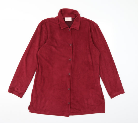 Front view of Liz Claiborne women’s red basic button-up, size M, - burgundy
