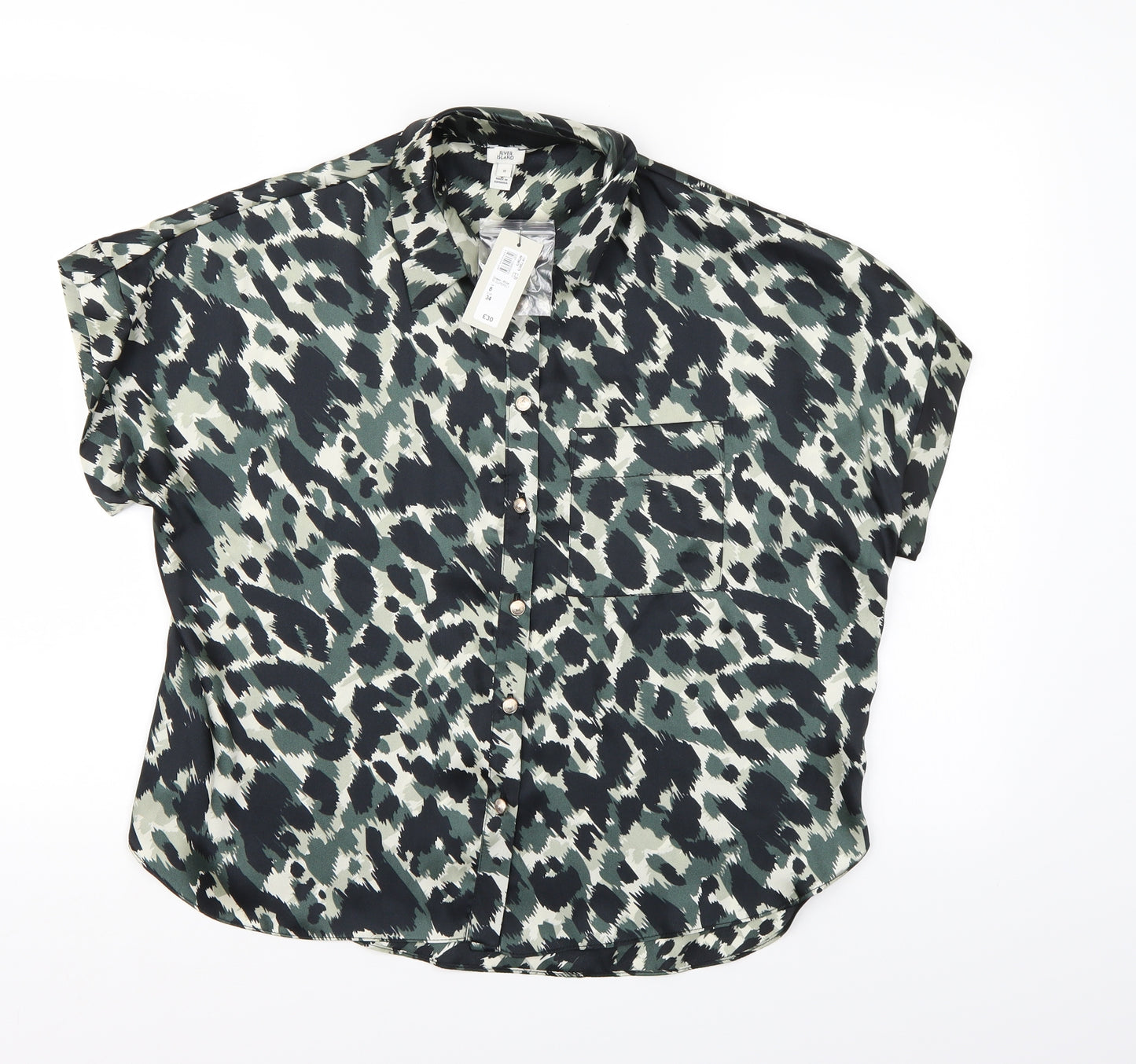River Island Womens Green Animal Print Satin Basic Blouse Size 8