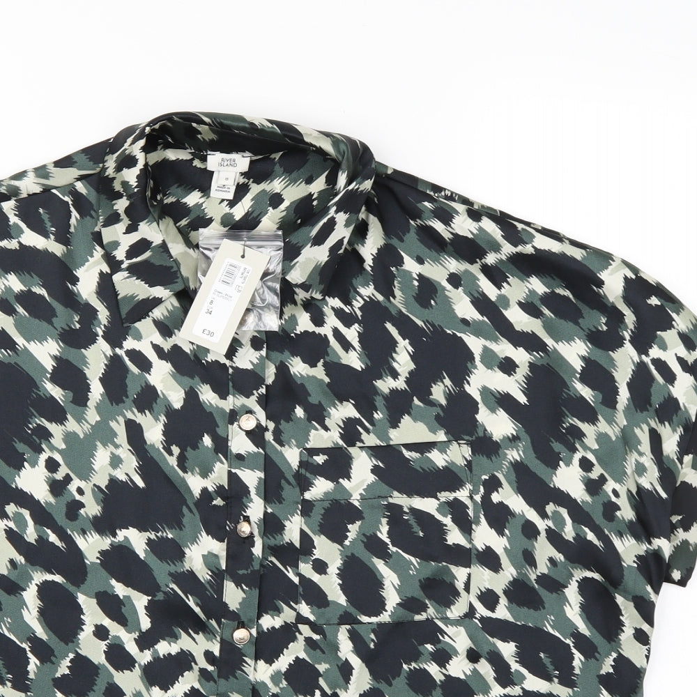 River Island Womens Green Animal Print Satin Basic Blouse Size 8