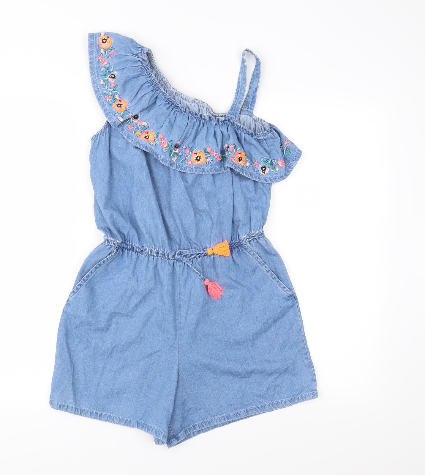 NEXT Girls Blue Floral Denim Playsuit One-Piece Size 12 Years