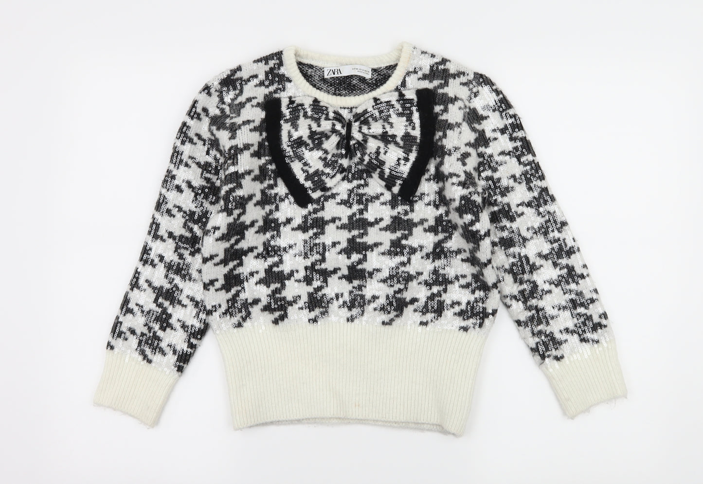 Zara Womens White Houndstooth Knit Pullover Jumper Size M