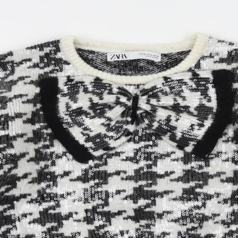Zara Womens White Houndstooth Knit Pullover Jumper Size M
