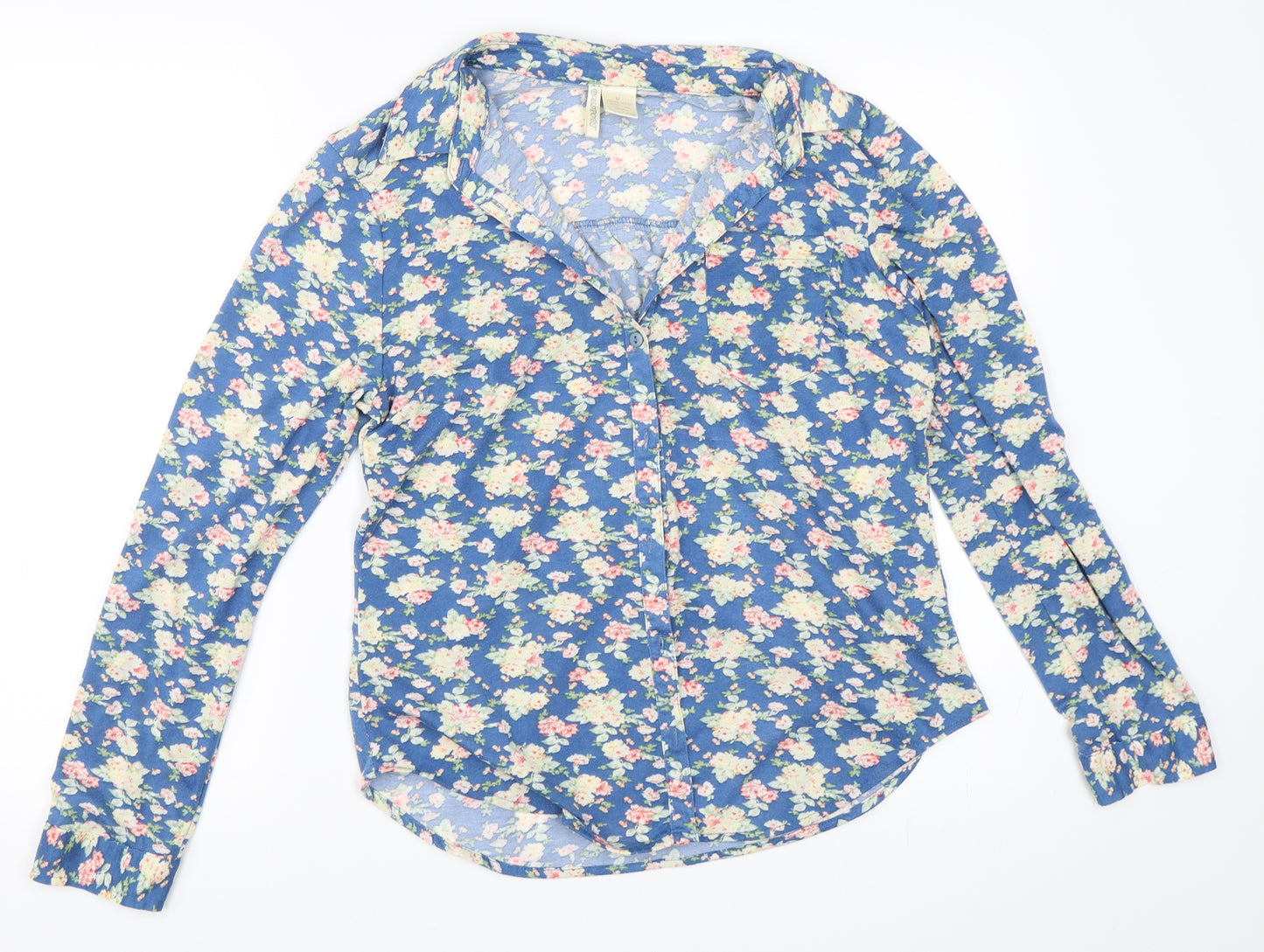 Preworn Womens Blue Floral  Basic Button-Up Size M