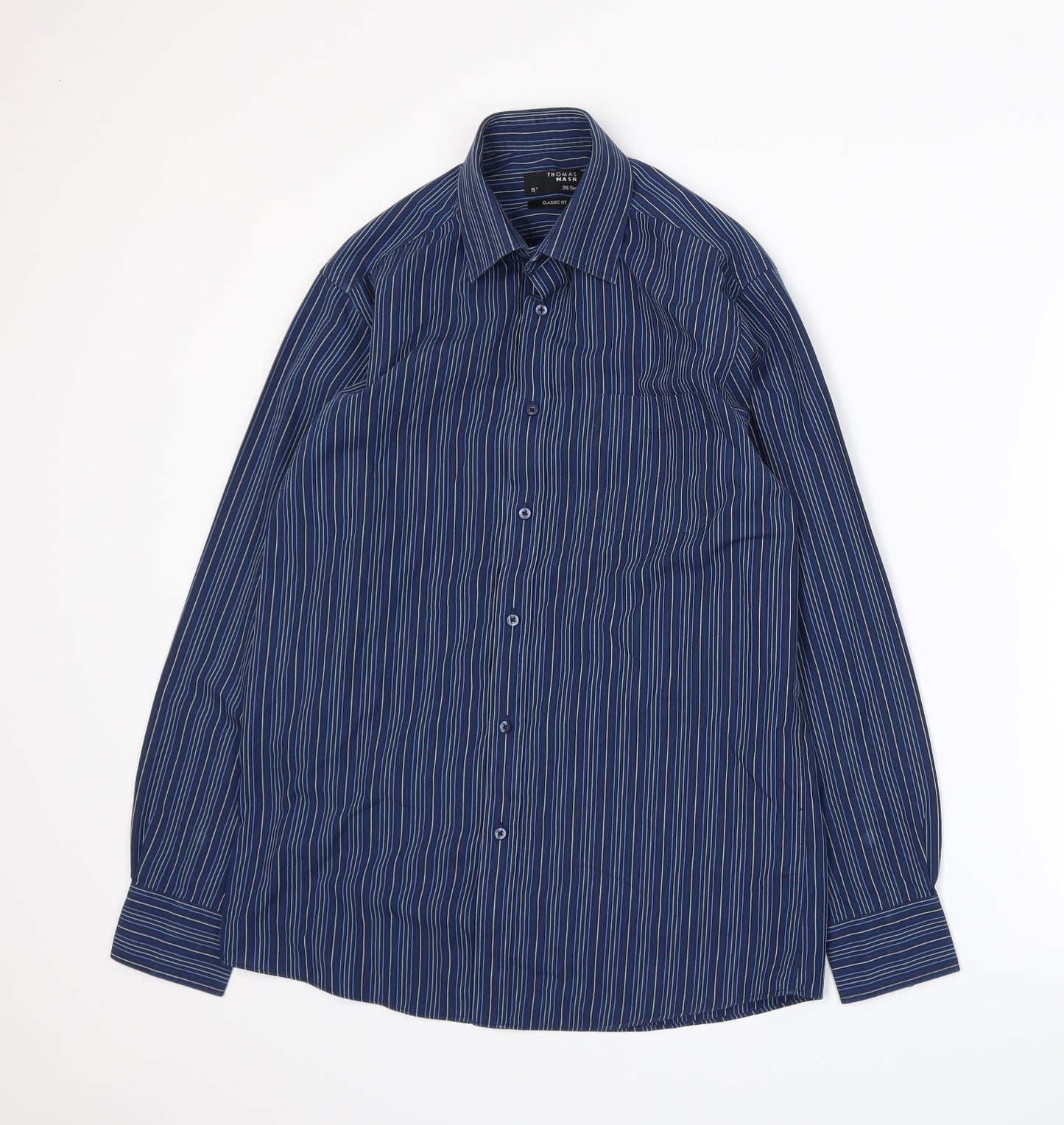 Thomas Nash Mens Blue Striped   Dress Shirt Size 15