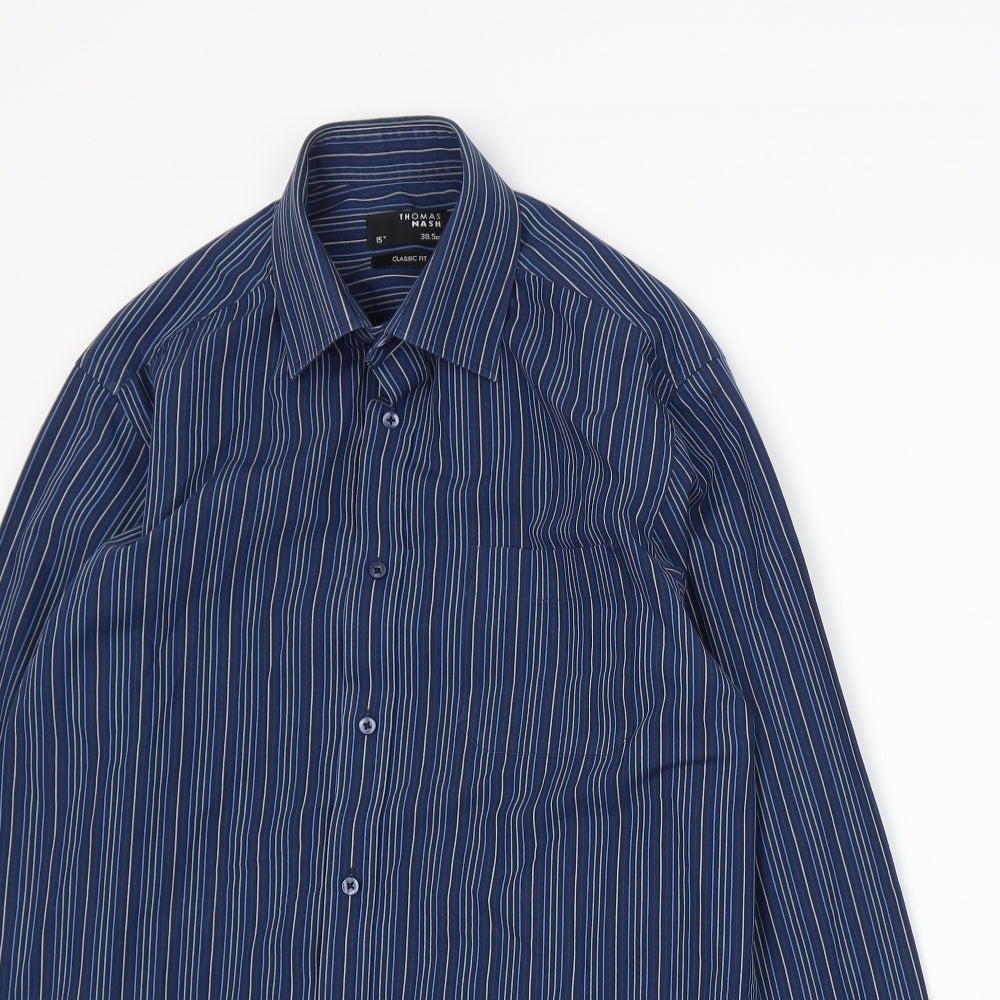 Thomas Nash Mens Blue Striped   Dress Shirt Size 15